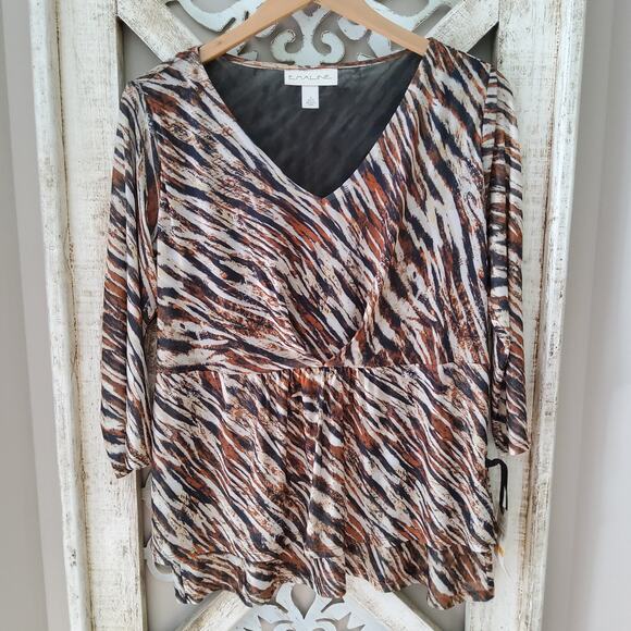 Emaline Women's Barcelona Layered Peplum Twist Font Top in Animal Print Zebra - Picture 6 of 10